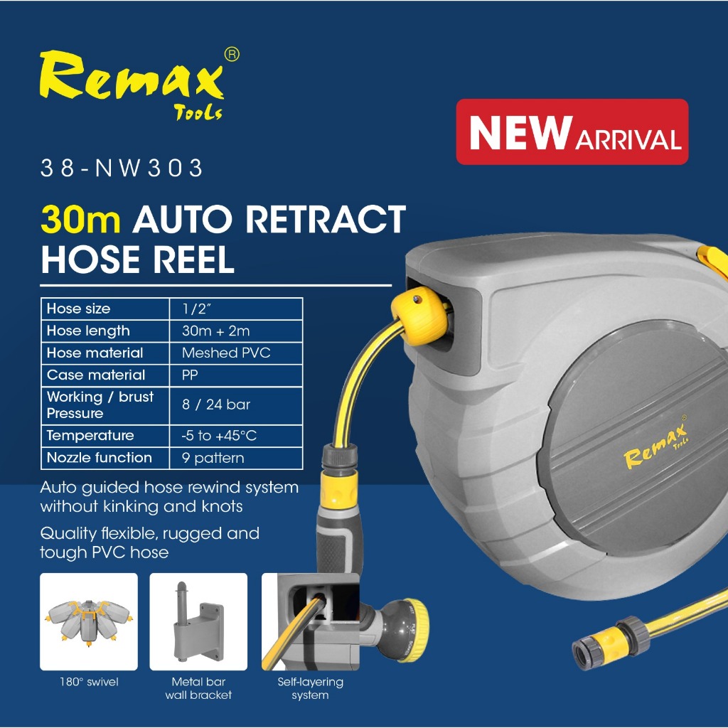 Remax 38-Nw303 1/2″ X 30 M Portable Water Hose Reel (Auto Retractable) / 38-Nw203 5/8″ X 20M